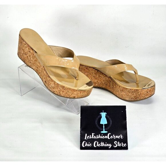 Jimmy Choo Nude Patent Leather Pathos Thong Cork Wedge Sandals Sz 39.5 (9) 024 - Picture 4 of 16